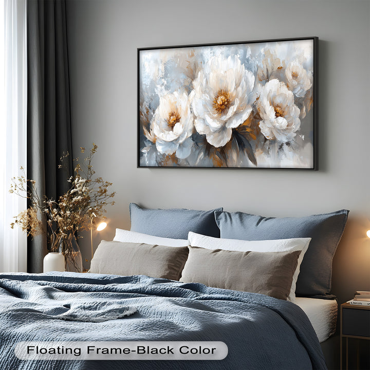 White Petals on Soft Neutral Background - Flower Oil Painting