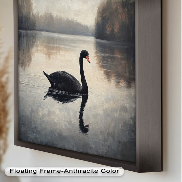 Black Swan at Dusk – Lake Scene Oil Painting