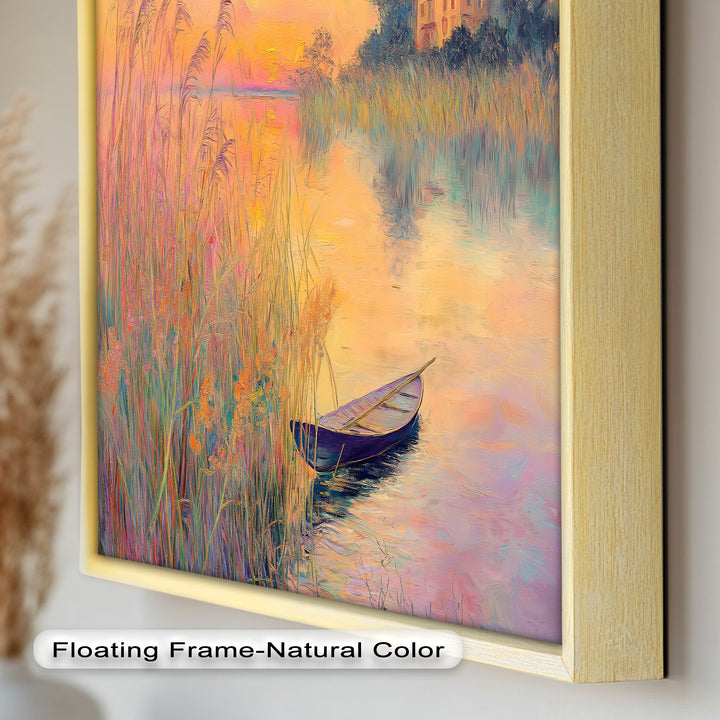 Golden Reeds and Sunset Rowboat – Impressionist Oil Painting