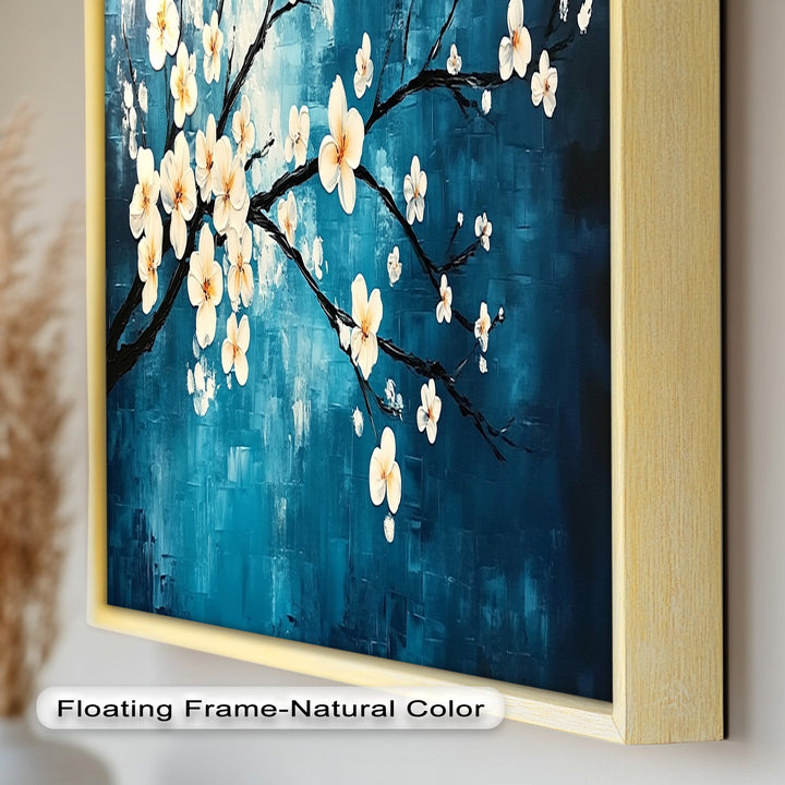 White Blossoms on Blue Wall Art – Floral Oil Painting