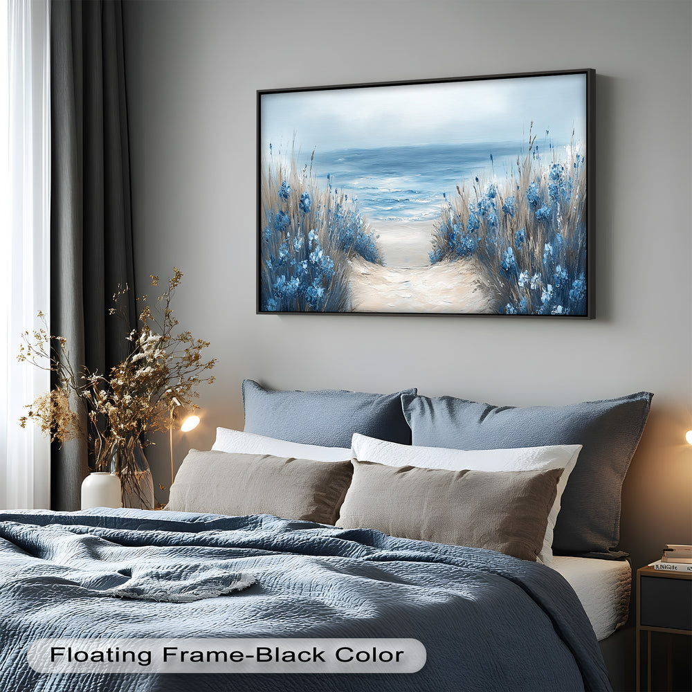 With soft brushstrokes and a soothing palette of blues, beiges, and whites, the artwork evokes peace, relaxation, and coastal elegance.