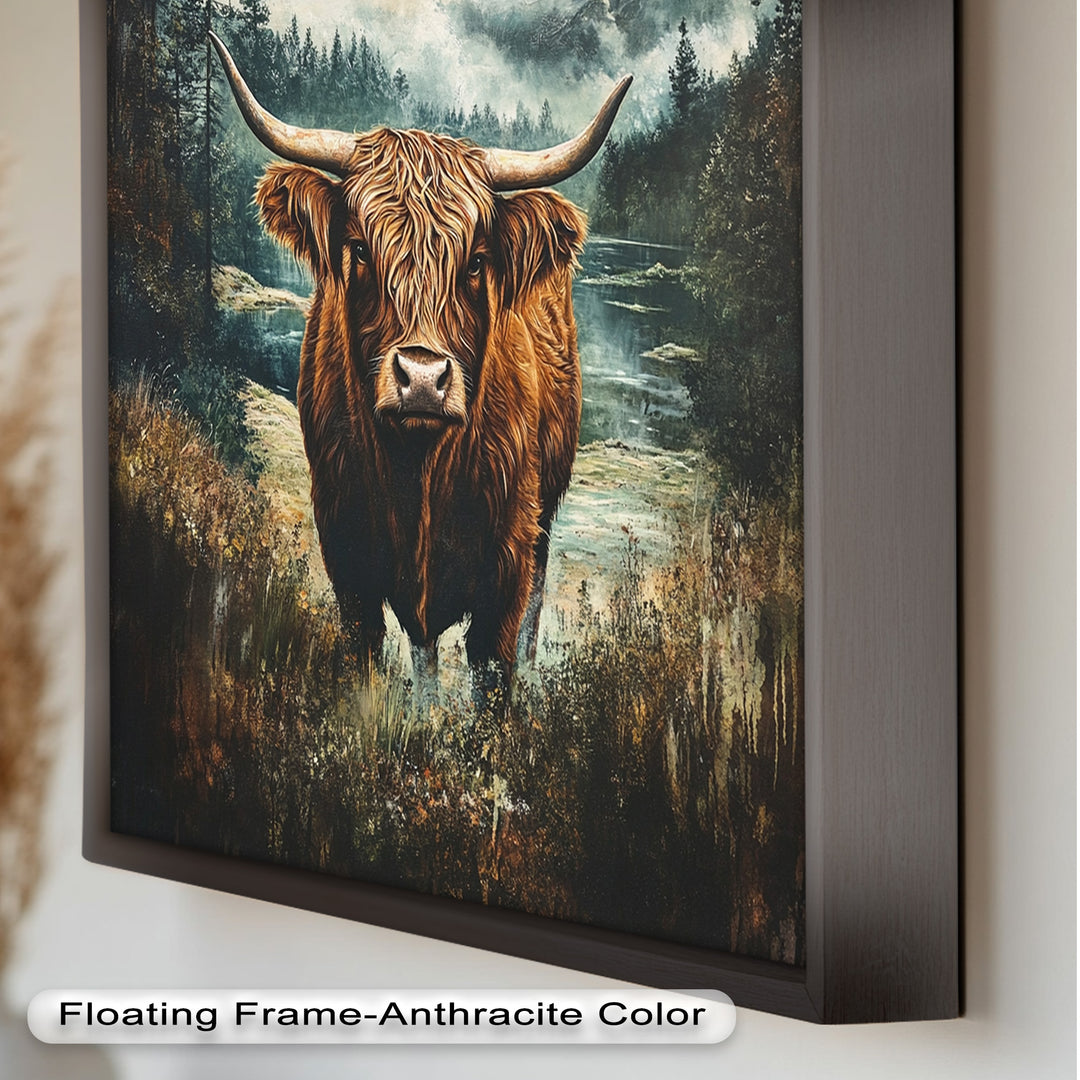 Highland Cow in Misty Pines – Wilderness Oil Painting
