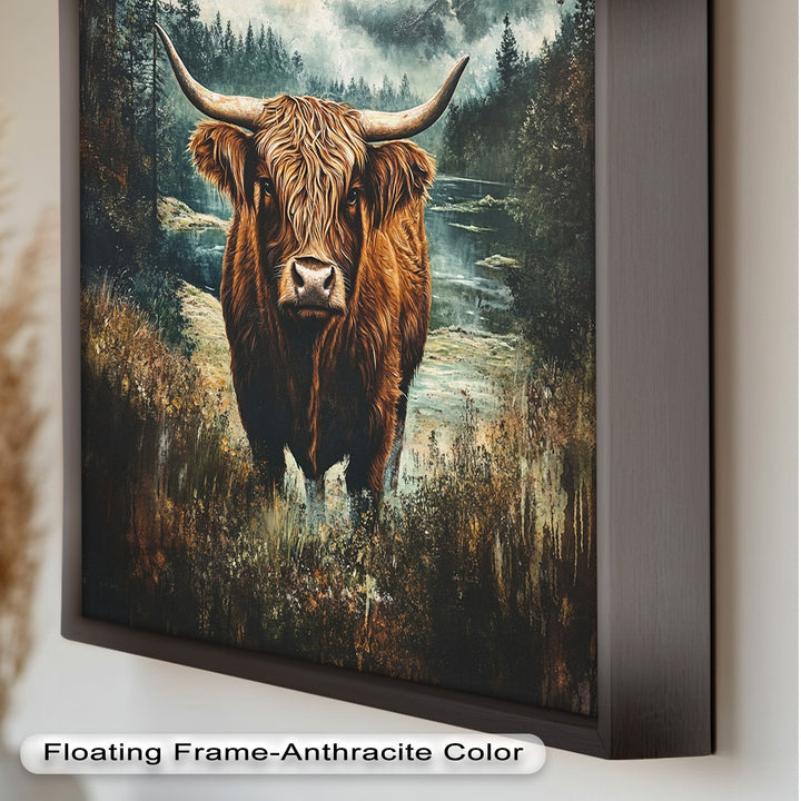 Highland Cow in Misty Pines – Wilderness Oil Painting