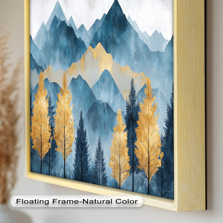 Blaue und goldene Aquarell-Berglandschaftskunst – Atemberaubende Ölgemälde