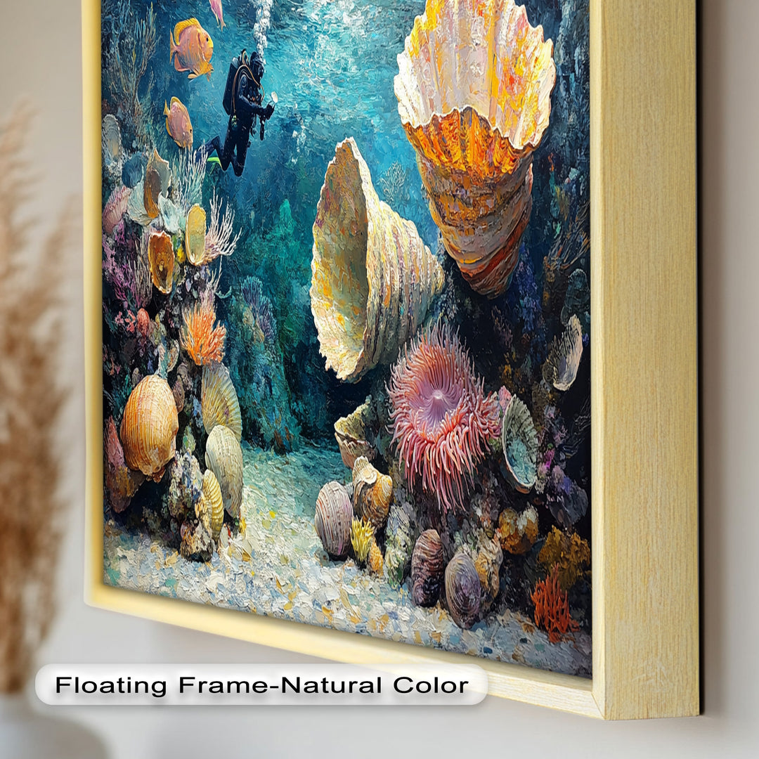 Diver Exploring Coral Reefs with Giant Shells - Animal Oil Painting