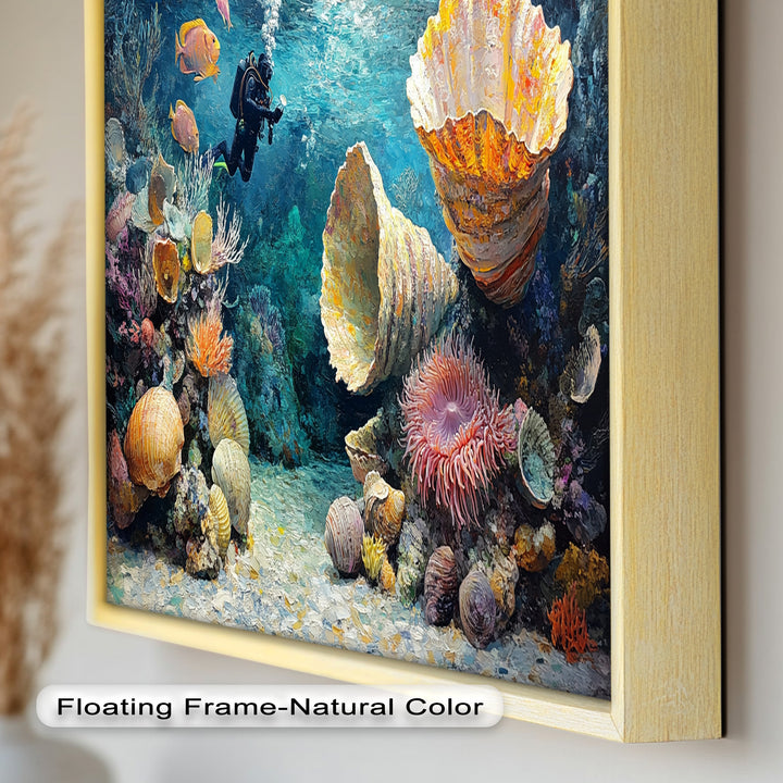 Diver Exploring Coral Reefs with Giant Shells - Animal Oil Painting