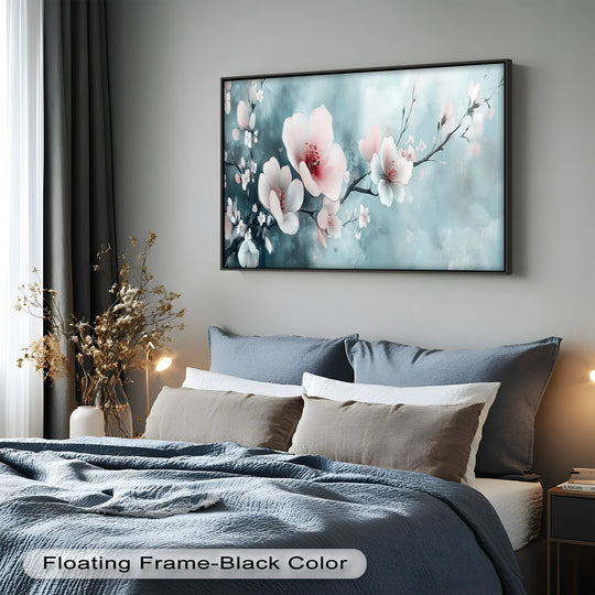 Dominant blue hues complement the soft pink and white petals of this serene flower oil painting home decor, creating a tranquil aesthetic.
