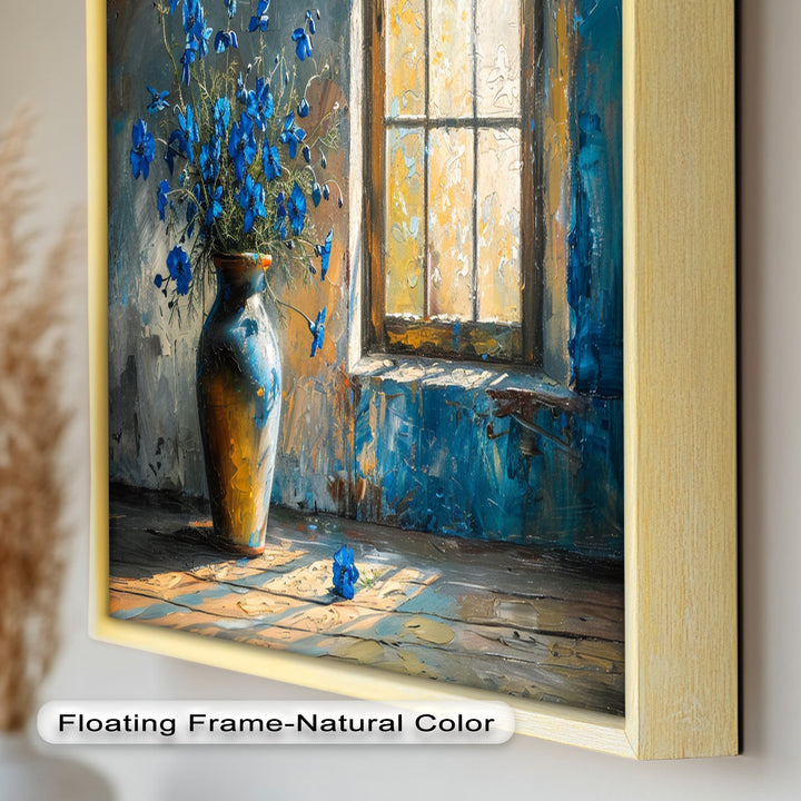 Blue Flowers in Vase – Rustic Still Life Oil Painting