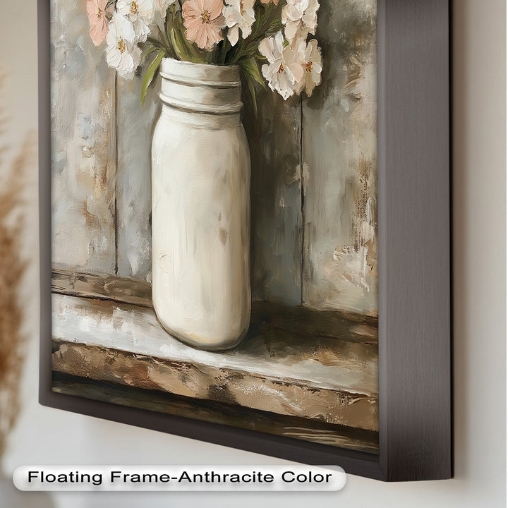 Blush & Cream Blooms – Rustic Mason Jar Flower Oil Painting