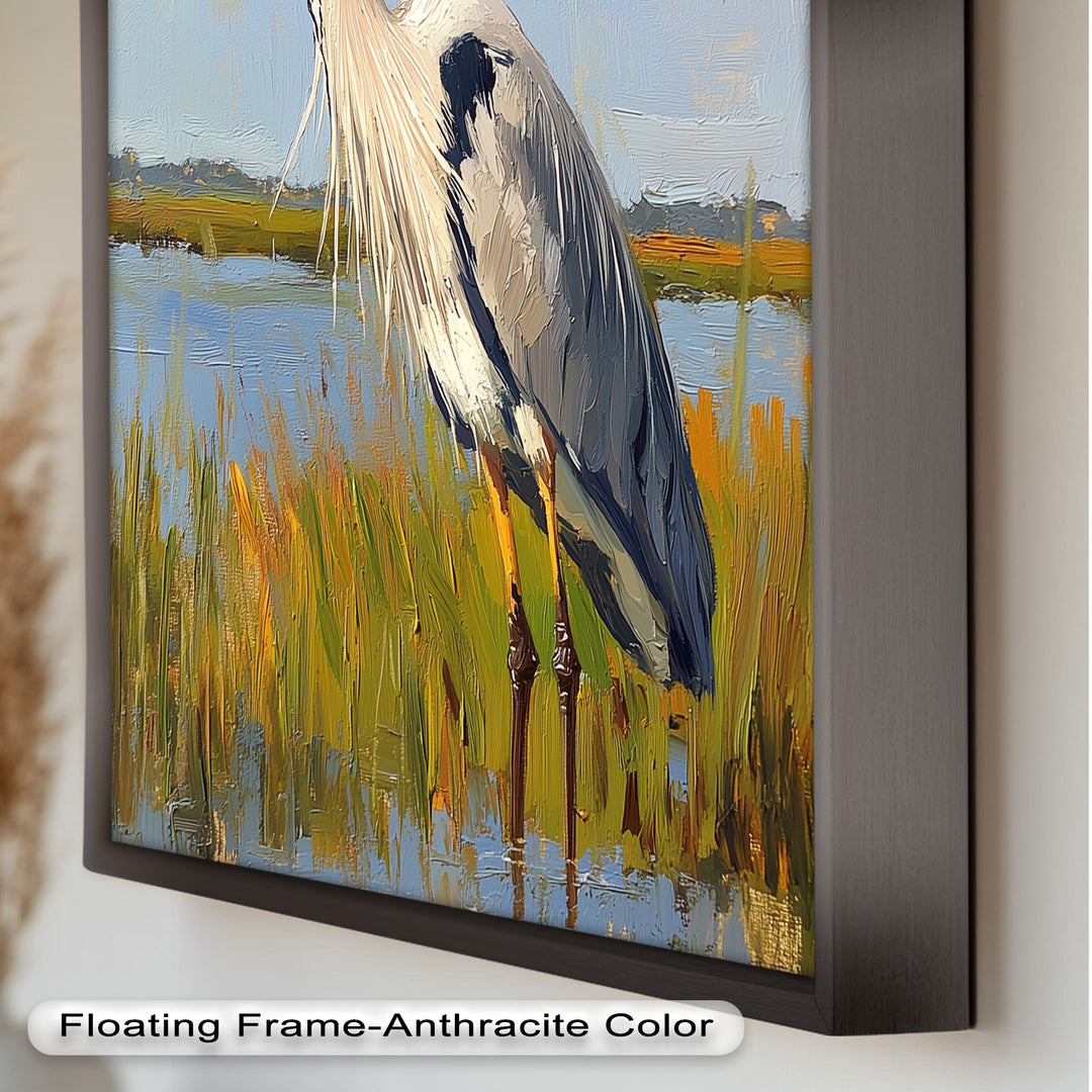 Heron in Sunlit Wetlands – Modern Oil Painting
