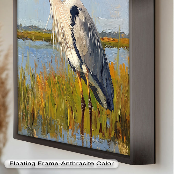 Heron in Sunlit Wetlands – Modern Oil Painting