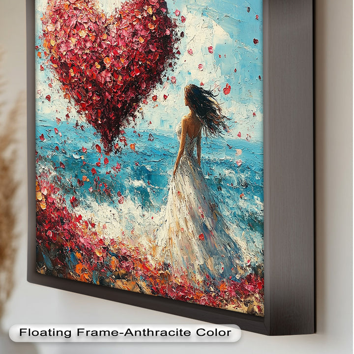 Woman with Heart-Shaped Petals Over the Sea - Love Oil Painting