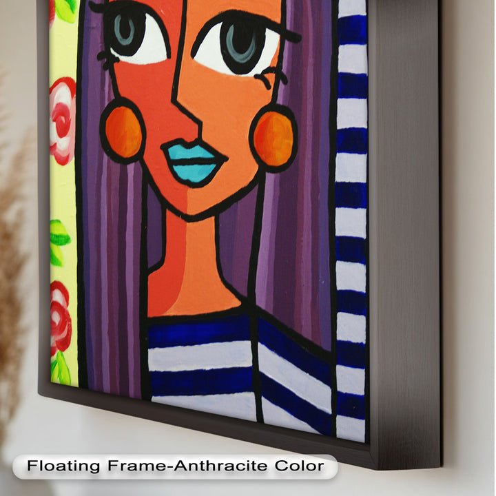 Striped Radiance – Playful Woman with Purple Hair Picasso Oil Painting