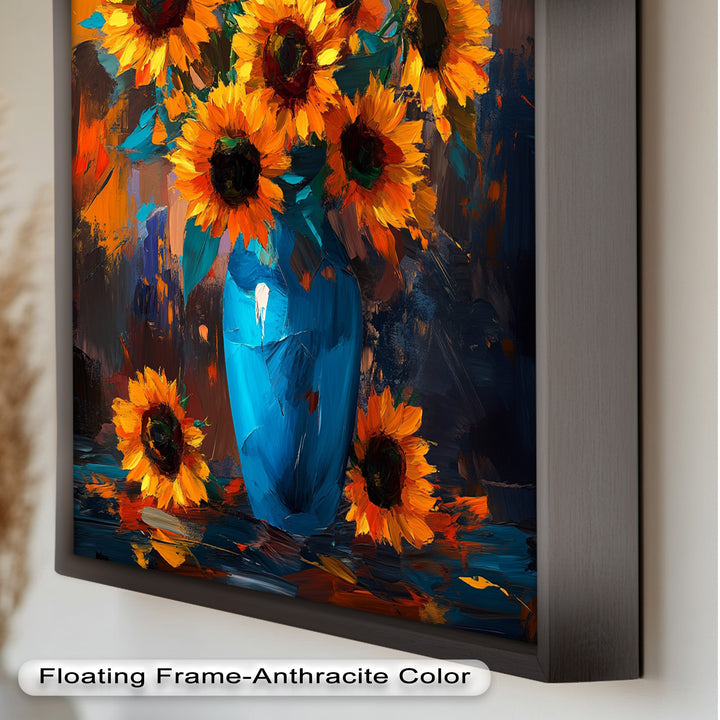 Sunlit Joy – Bold Sunflowers in Blue Vase Oil Painting