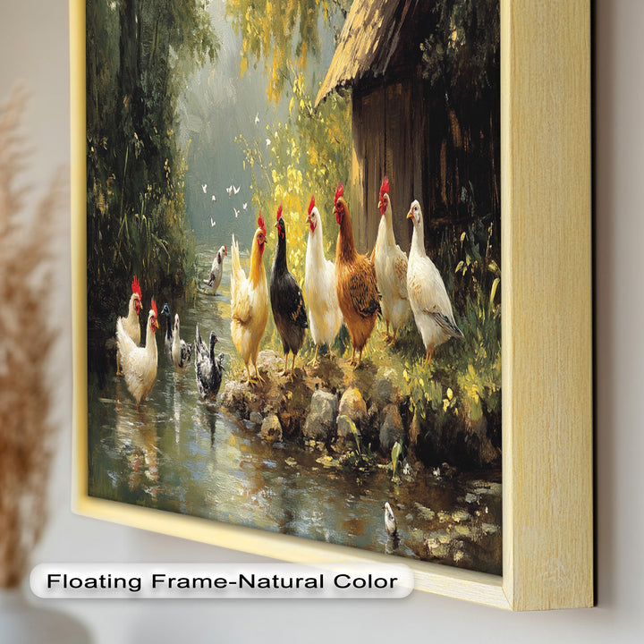 Country Farmyard Chickens by the Stream – Animal Oil Painting
