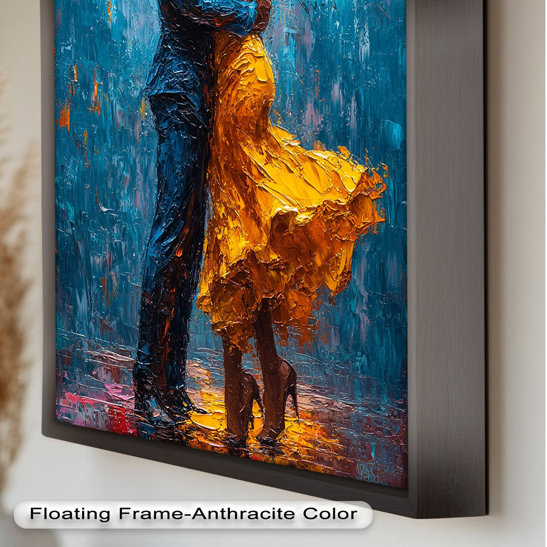 Midnight Embrace – Vibrant Couple in Yellow Dress Oil Painting