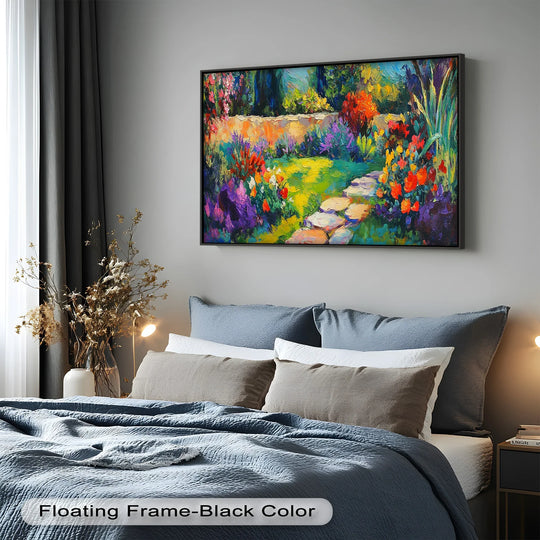 Light and shadow define the textures and vibrant colors in this modern oil painting art of a sunlit garden path with bold impressionistic brushstrokes.