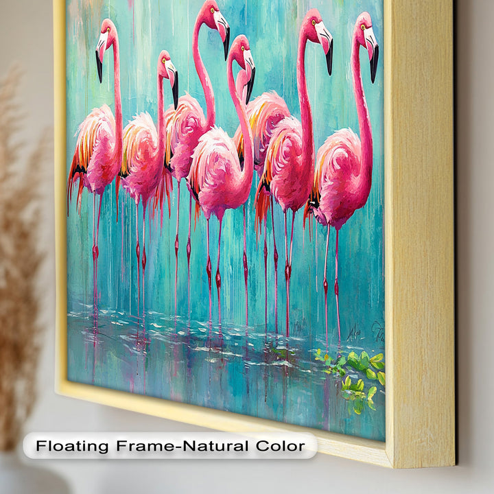 Flamingoschwarm auf dem Wasser – Tierölgemälde