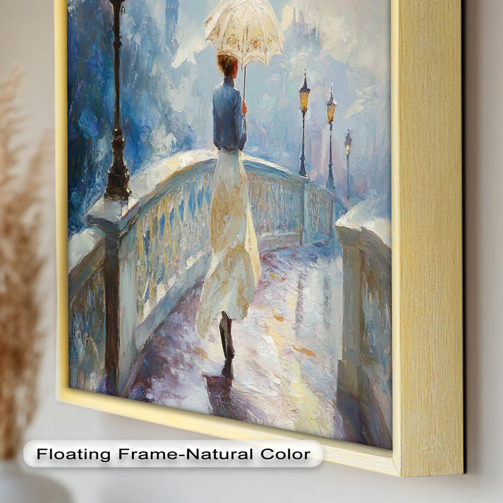Woman with Umbrella on Cobblestone Bridge – Oil Painting