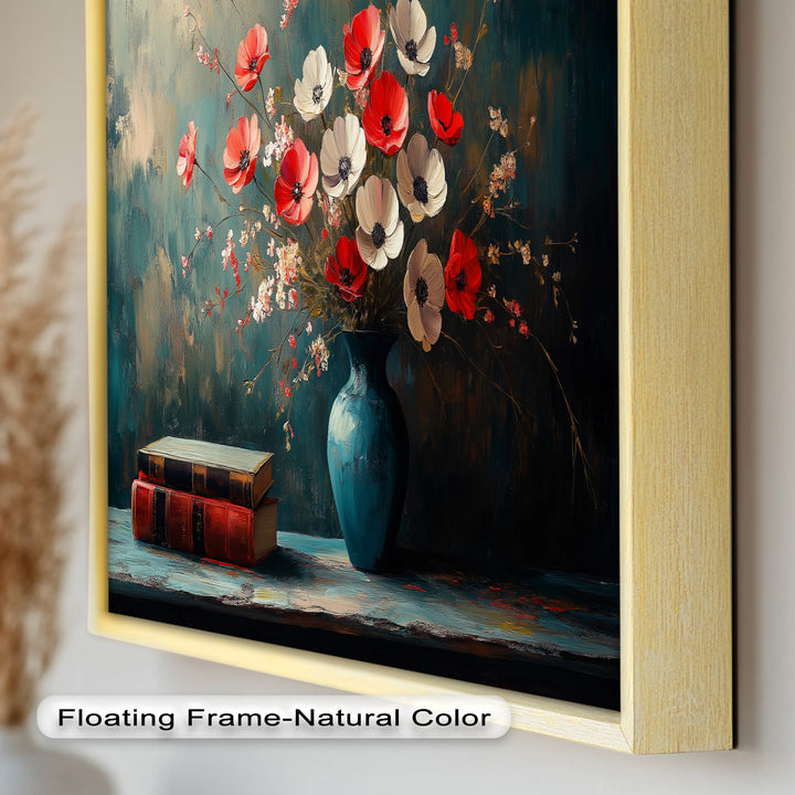 Vibrant Floral Vase with Books – Botanical Oil Paintings