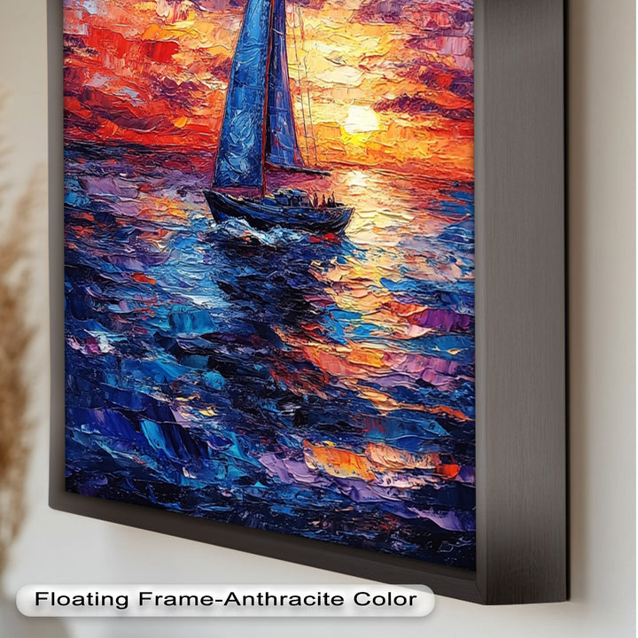 Crimson Horizon – Sunset Voyage Boat Oil Painting