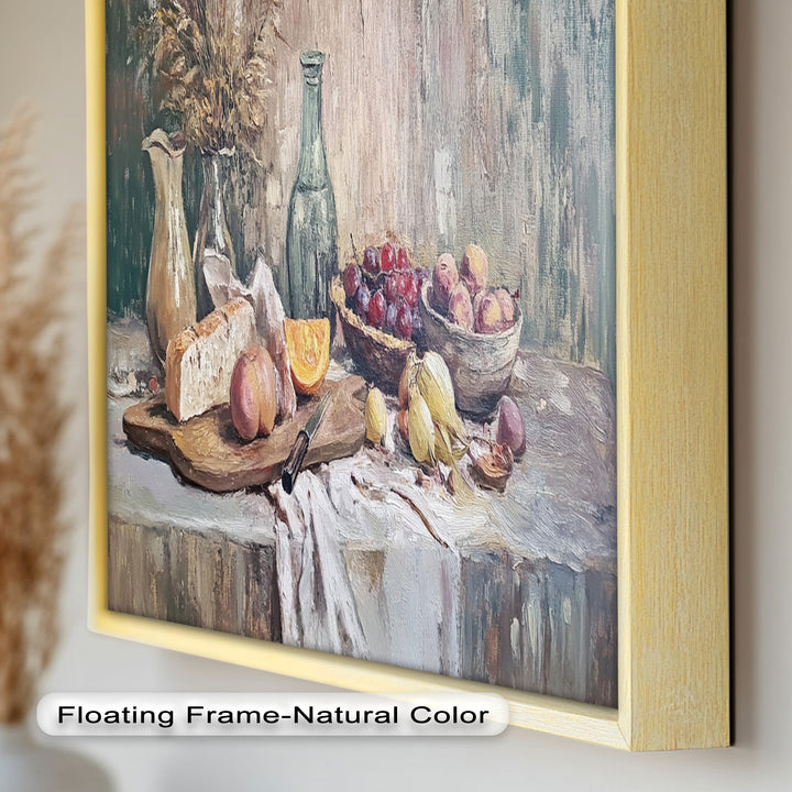 Rustic Fruit & Bread Still Life – Framed Oil Painting