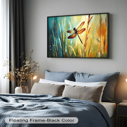 Subtle negative space enhances the floating dragonfly in this summer meadow oil painting artwork, highlighting the insect's delicate form against the vivid field.
