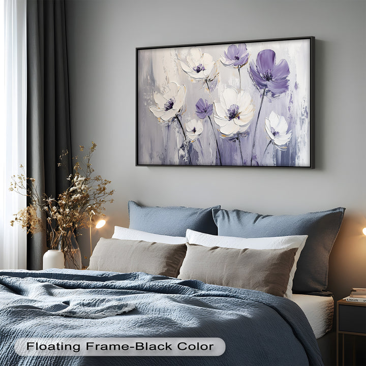 White and Purple Florals on Misty Background - Flower Oil Painting
