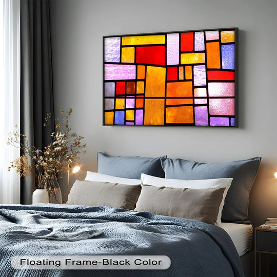 A colorful mosaic-style wood panel with radiant hues and textured surfaces, outlined in striking black lines.