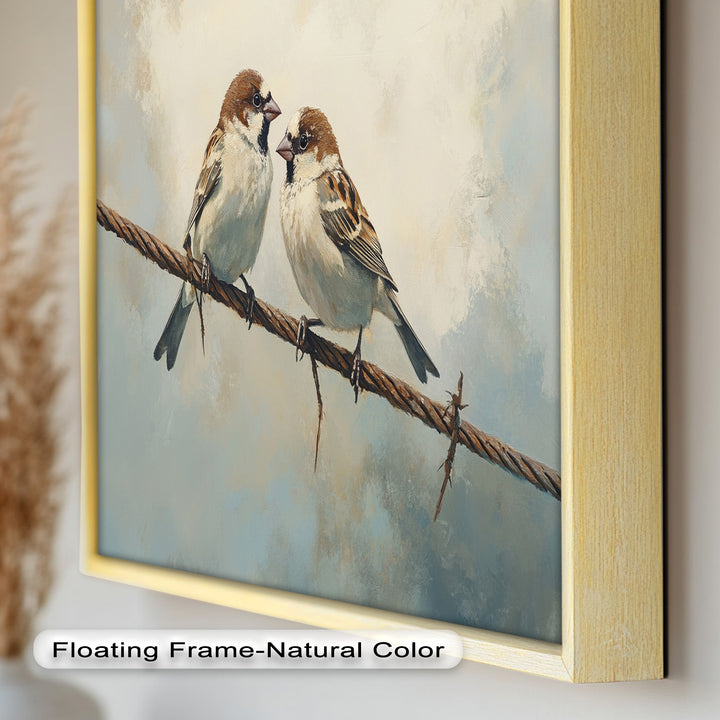 Two Sparrows on a Wire – Bird Oil Painting