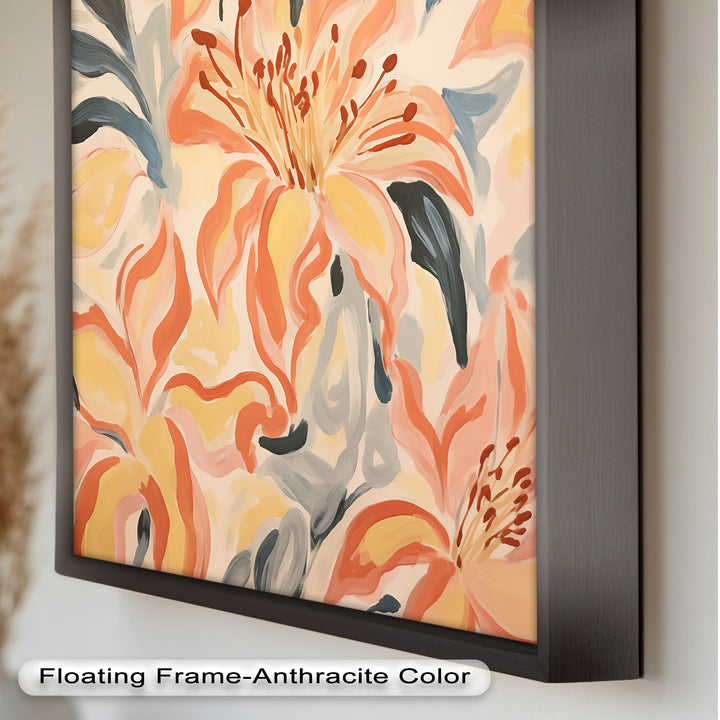 Sunlit Lilies – Abstract Coral Flower Oil Painting
