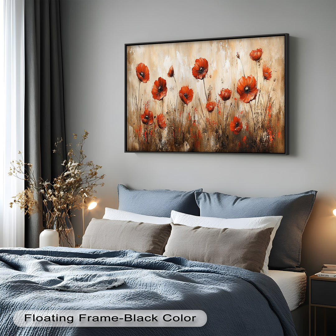 Red Poppies in Earth-Toned Harmony - Flower Oil Painting