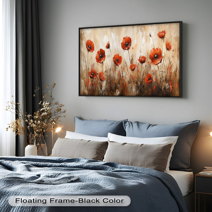 Red Poppies in Earth-Toned Harmony - Flower Oil Painting