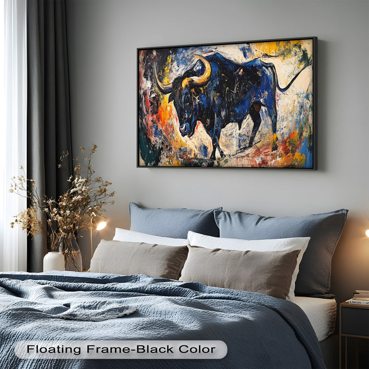 Fierce Blue Bull in Motion – Abstract Oil Painting