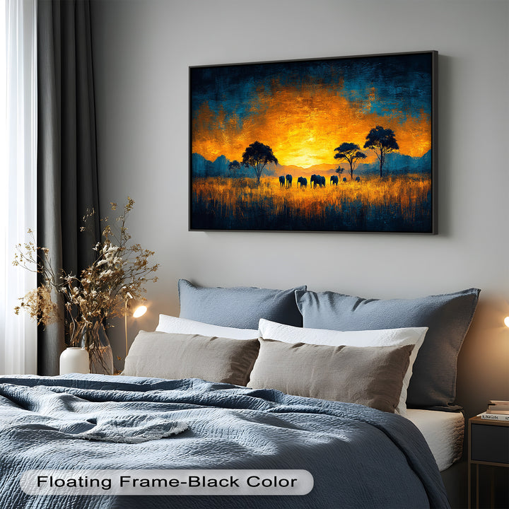 Golden Savannah Sunset – Elephant Silhouette Oil Painting
