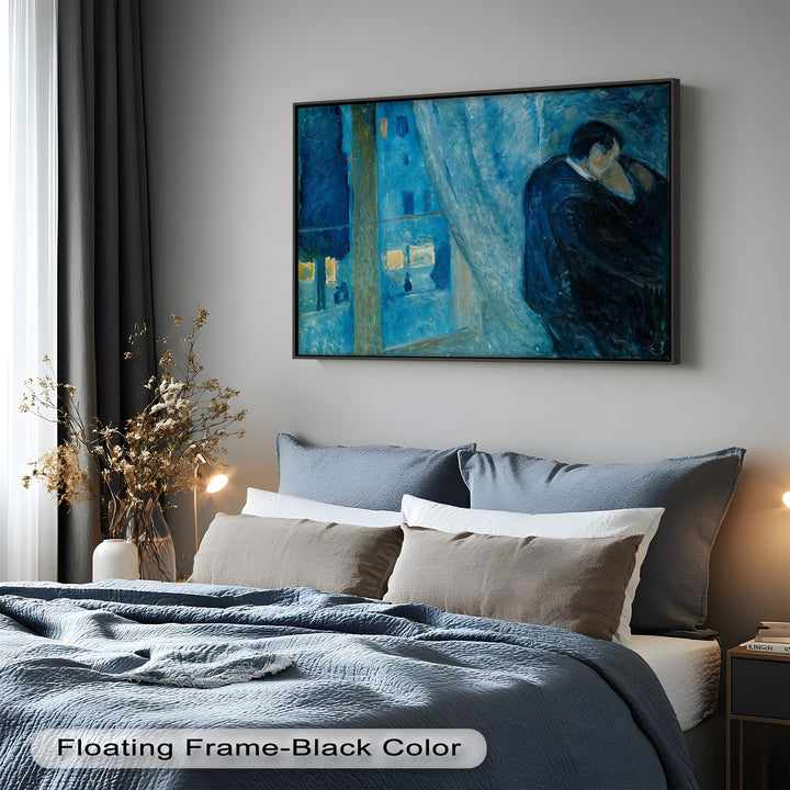 A melancholic yet tender artwork capturing an embrace in the quiet of night, painted in a dreamy blue palette.