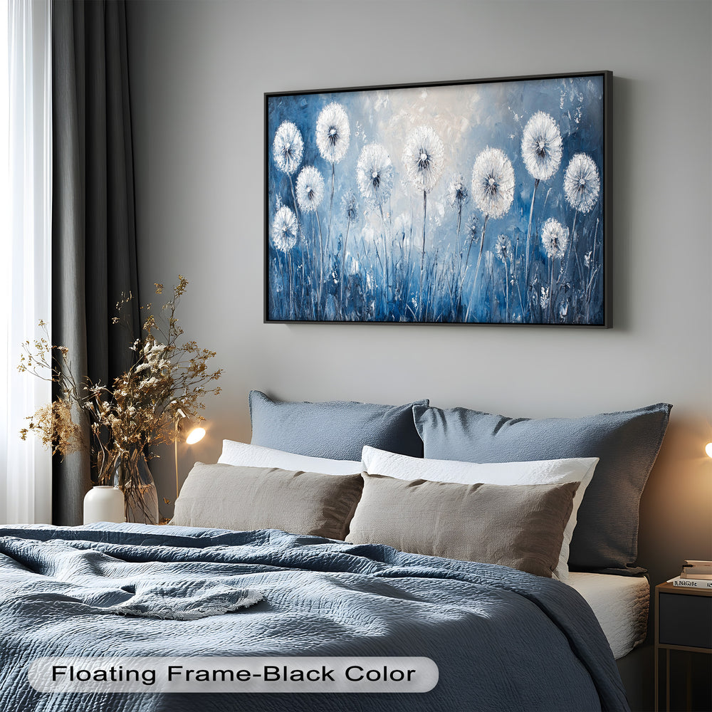A serene botanical artwork featuring fluffy white dandelion seed heads against a misty blue-toned background.