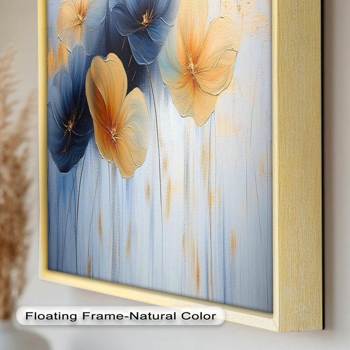 Blaue und gelbe Blumenkunst – Gerahmtes Ölgemälde