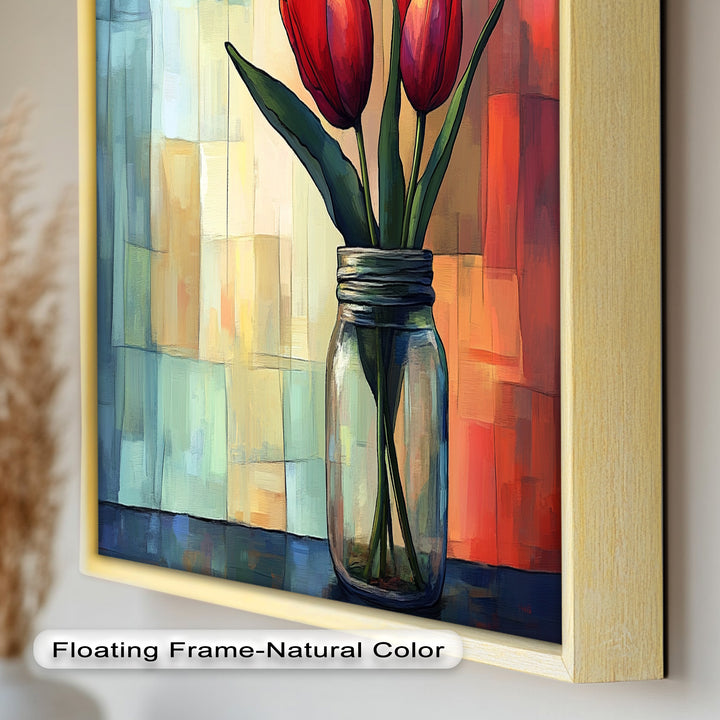 Red and Orange Tulips in Glass Vase – Bold Floral Oil Painting