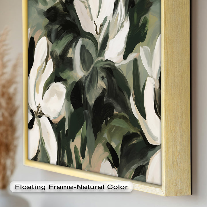 Cream Blooms in Forest Green - Flower Oil Painting