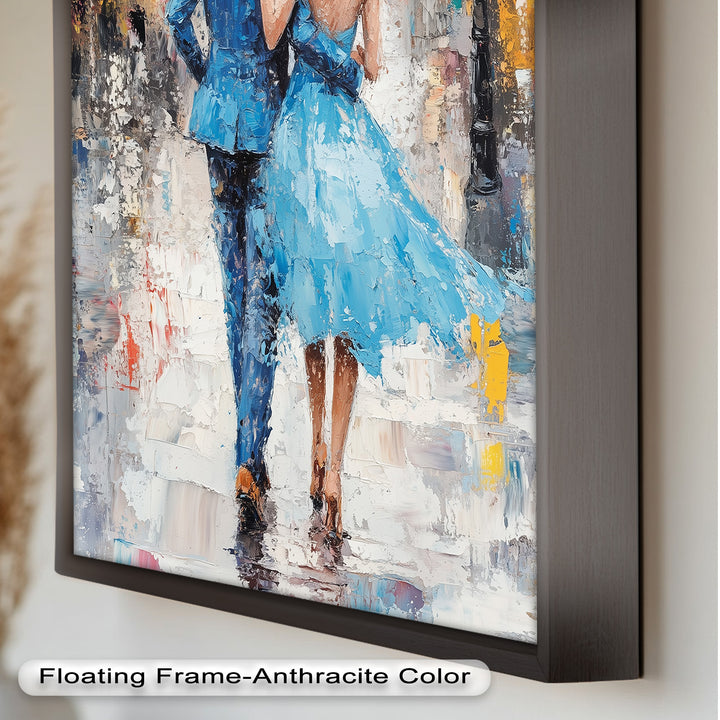 Romantic Couple Strolling in Rain - Love Oil Painting