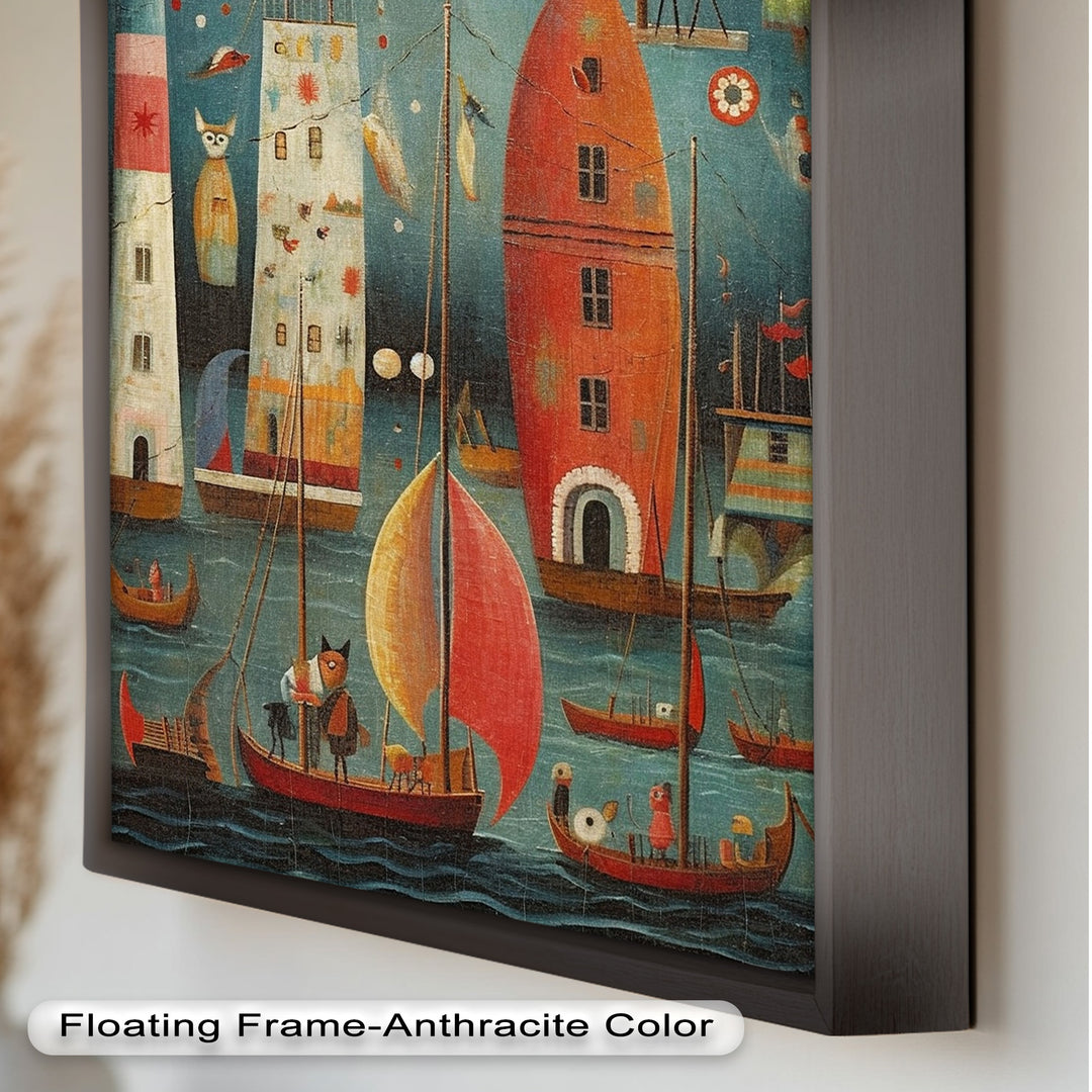 Moonlit Harbor Parade – Surreal Cat and Owl Fantasy Oil Painting