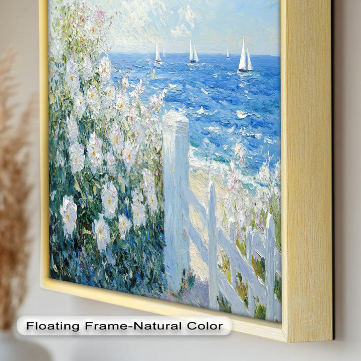 White Rose Garden with Sailboats – Impressionist Oil Painting