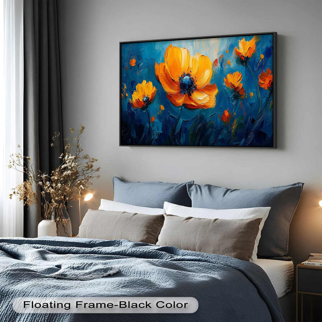 Orange Flowers on Deep Blue - Flower Oil Painting
