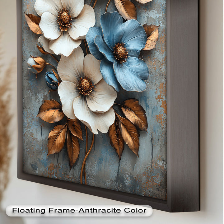 Gilded Petals – Luxuriöses Ölgemälde mit weißen und blauen Blumen