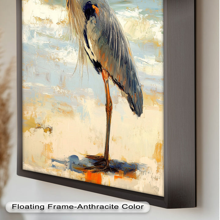 Elegant Heron Standing on Shoreline – Framed Oil Painting
