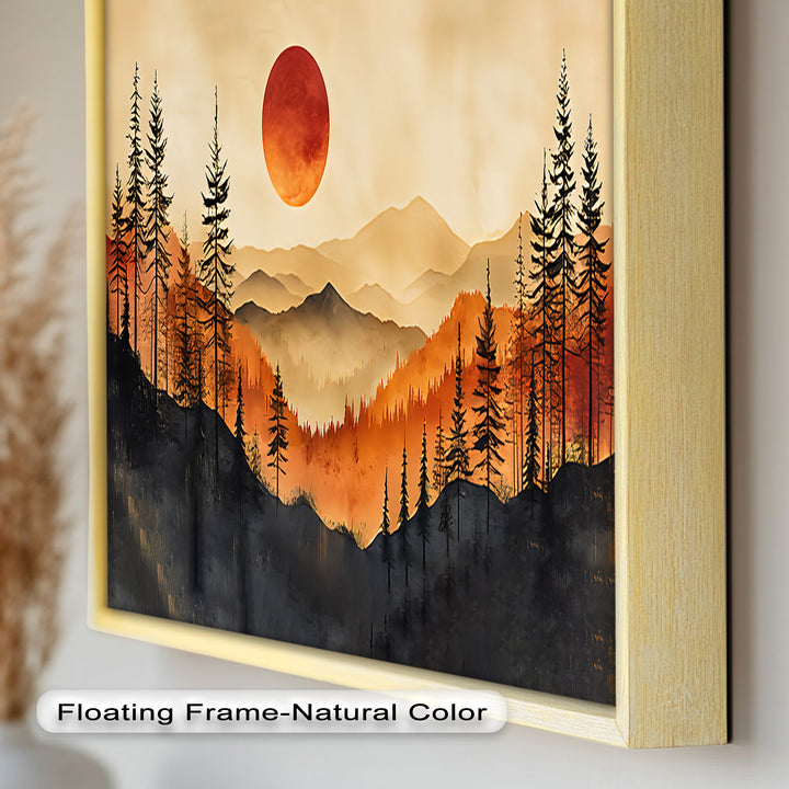 Red Sunset Landscape - Forest Oil Painting