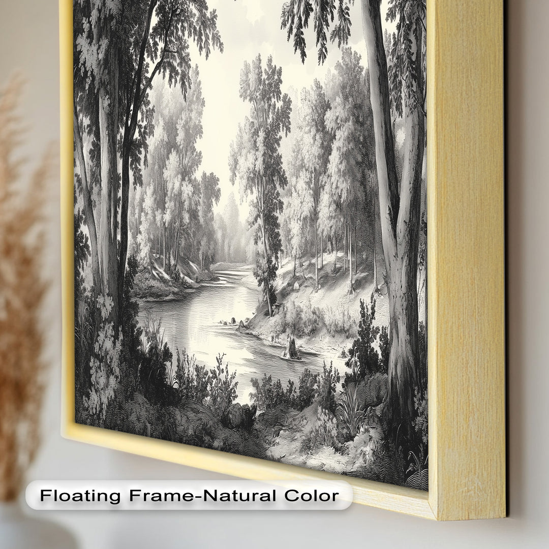 Zeitloser Waldfluss – Monochromes Landschaftsölgemälde