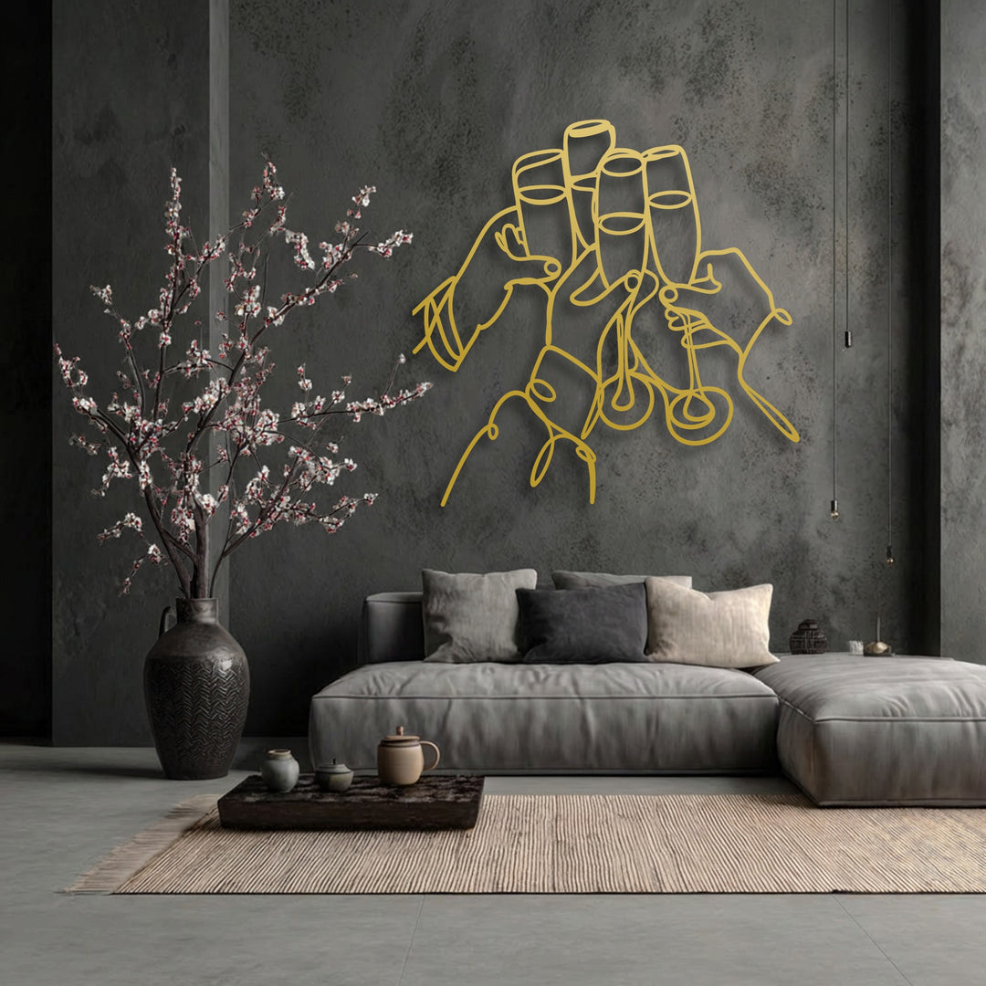A light beige striped rug and a plush gray sectional sofa in the foreground create a cozy setting for the unique metal wall art.