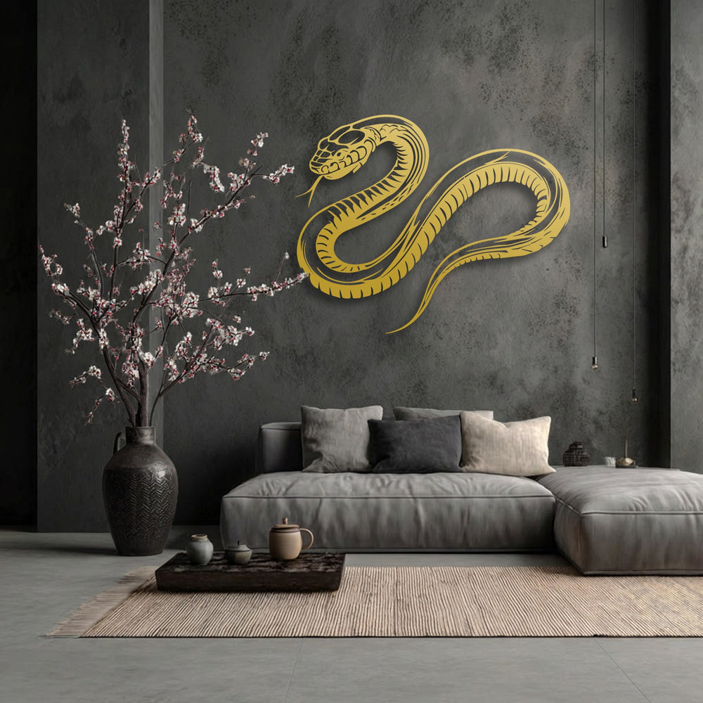 The layering effect of the golden snake silhouette metal wall art dramatically stands out against the textured wall, a striking decorative metal art piece.